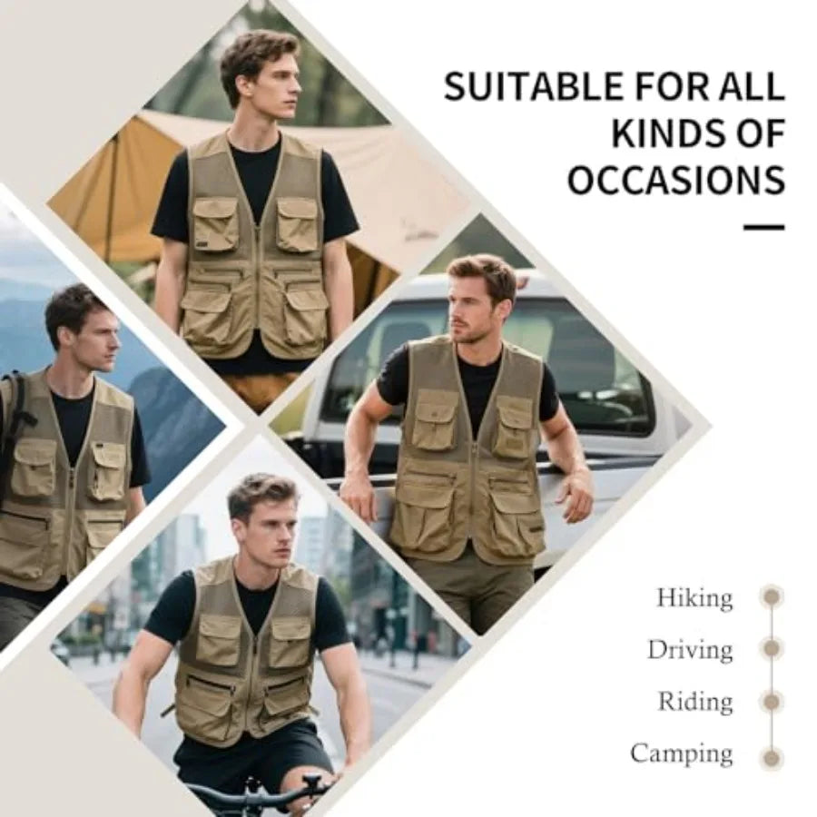 AOTORR Men's Utility Fishing Vest Lightweight Outdoor Work Safari Travel Multi Pockets Waistcoat Jacket