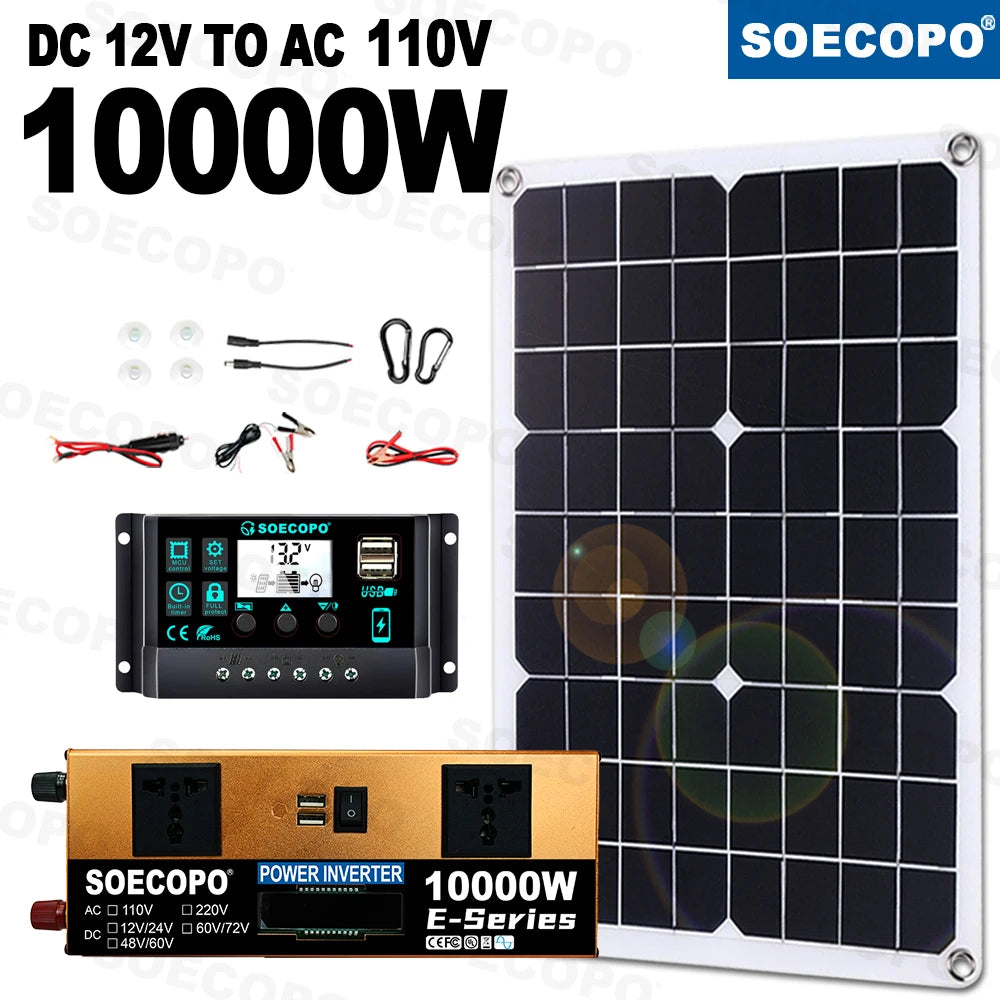 10000W Solar Kit 500W Panel 100A MPPT Controller DC Cable 12V/24V to 220V/110V Inverter for Camping Emergency CE Certified