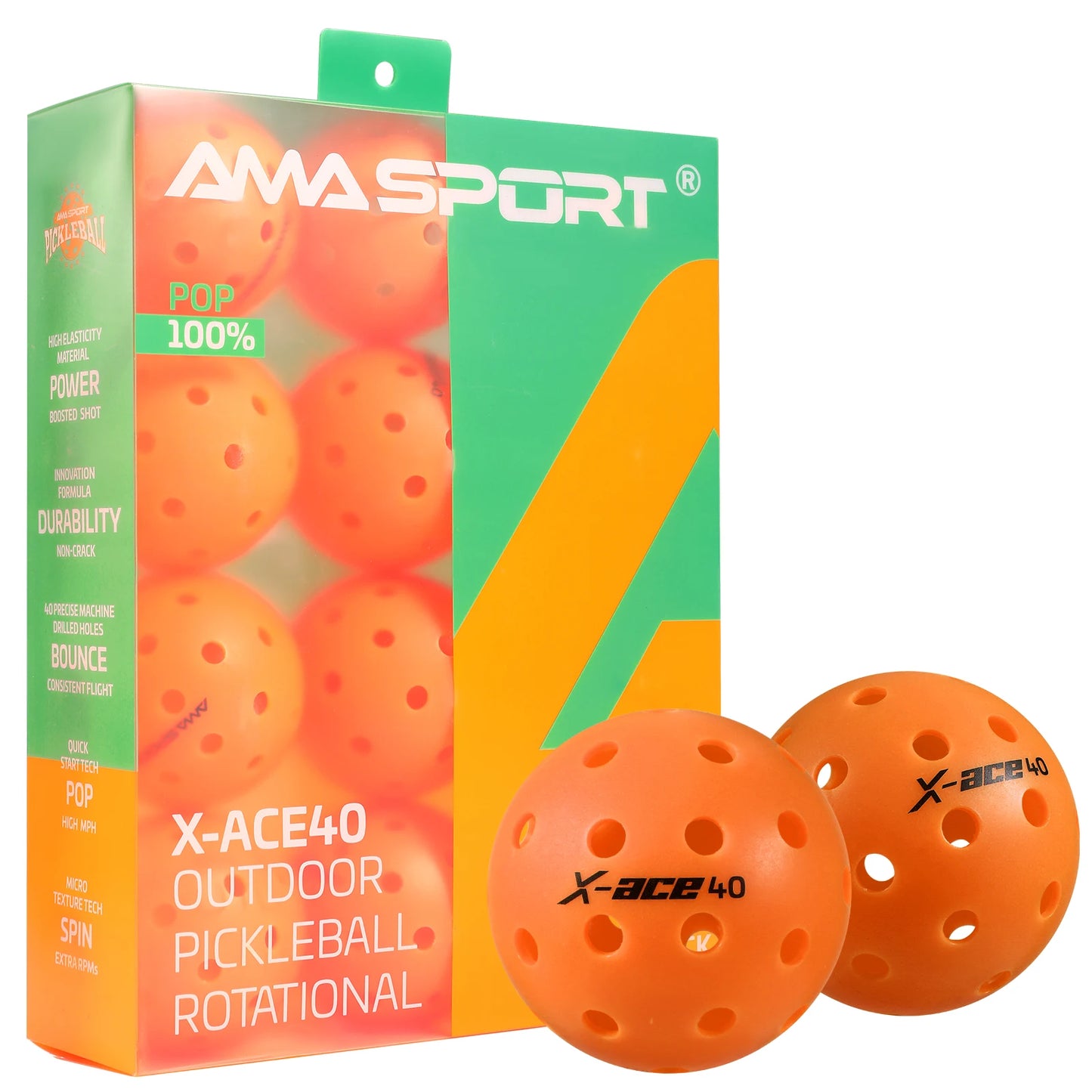 AMA Sport X-ACE Pickleballs 40 Hole Outdoor Pickleball Balls Crack Resistant ONE Piece Balls 100% POP-Optic Yellow