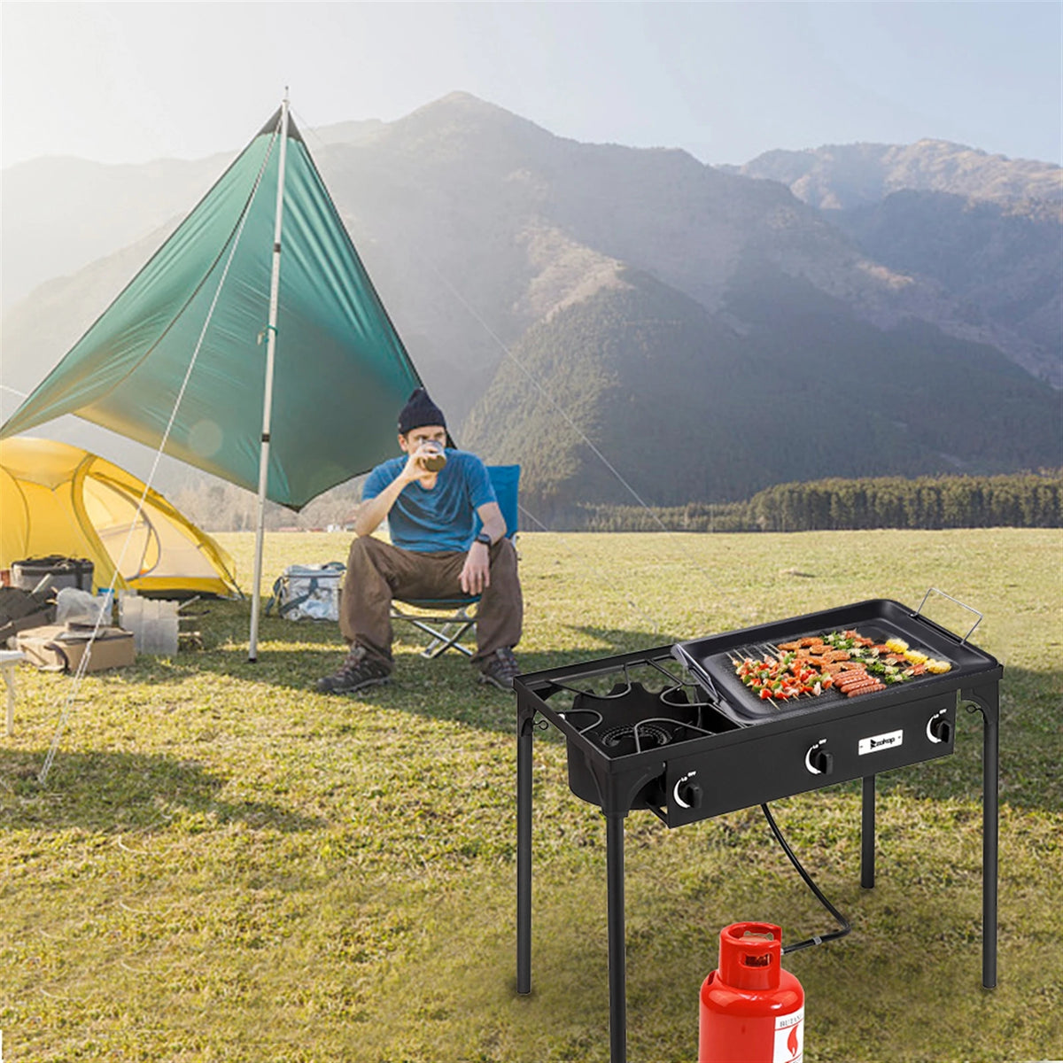 Outdoor Camp Stove High Pressure Propane Gas Cooker Portable Cast Iron Patio Burner Three Burner 225000 BTU Black