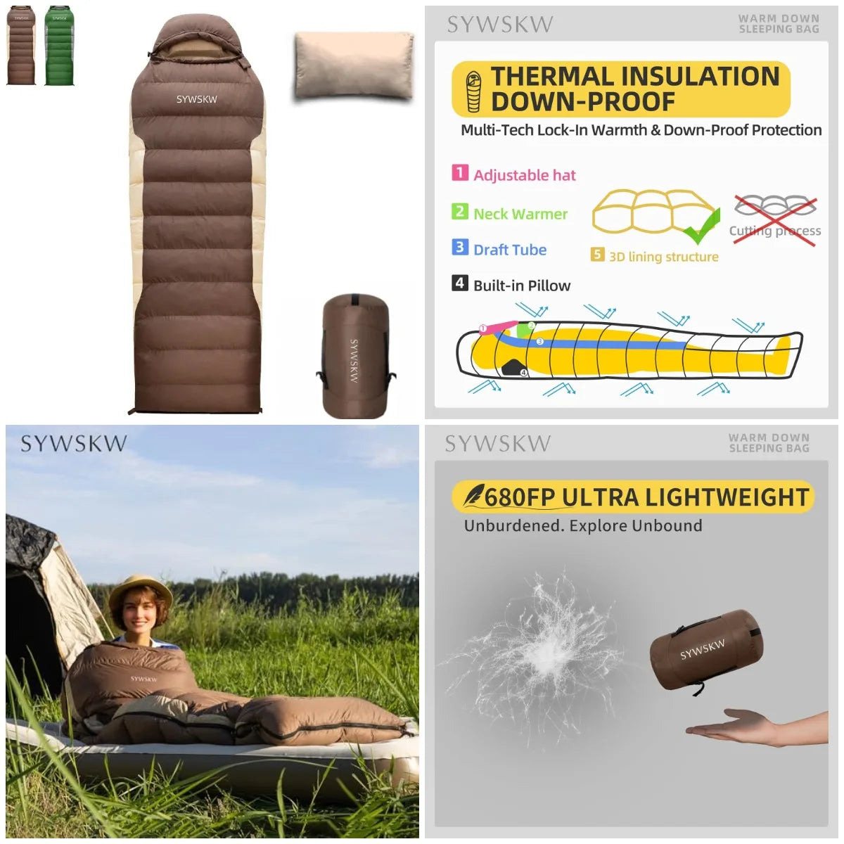 Down Sleeping Bag with Pillow, Ultralight Rectangular Sleeping Bag for Adults, Youth Backpacking