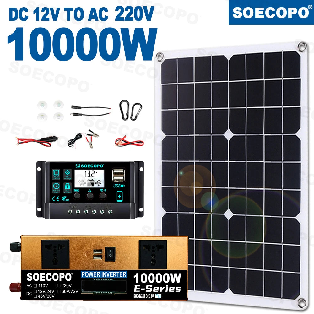 10000W Solar Kit 500W Panel 100A MPPT Controller DC Cable 12V/24V to 220V/110V Inverter for Camping Emergency CE Certified