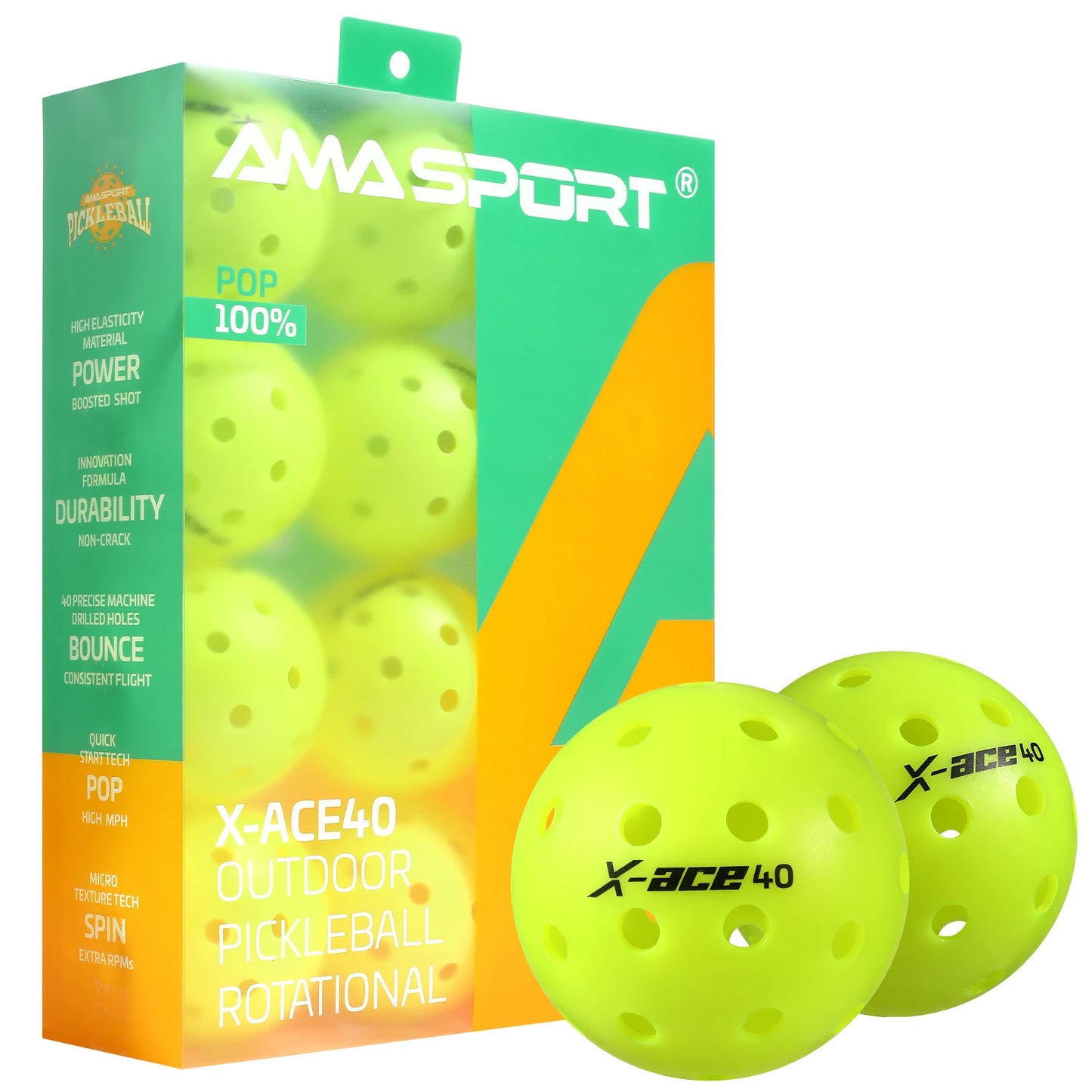 AMA Sport X-ACE Pickleballs 40 Hole Outdoor Pickleball Balls Crack Resistant ONE Piece Balls 100% POP-Optic Yellow