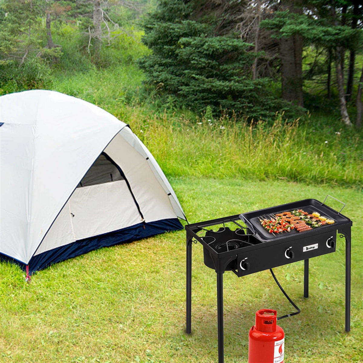 Outdoor Camp Stove High Pressure Propane Gas Cooker Portable Cast Iron Patio Burner Three Burner 225000 BTU Black