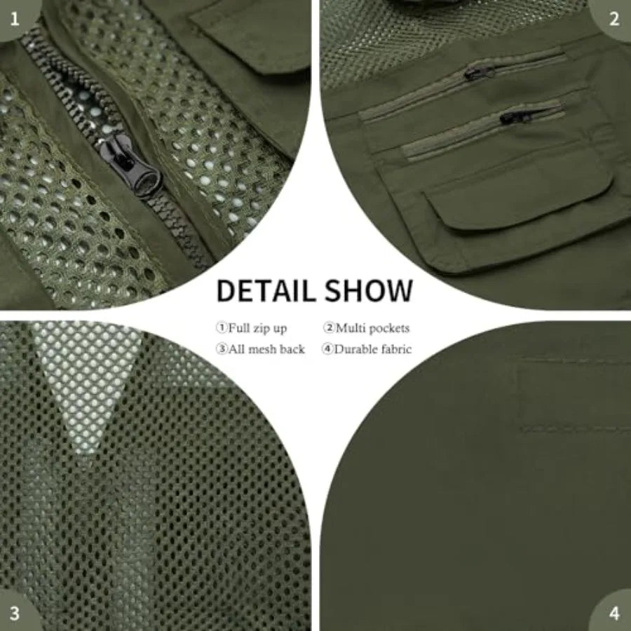 AOTORR Men's Utility Fishing Vest Lightweight Outdoor Work Safari Travel Multi Pockets Waistcoat Jacket
