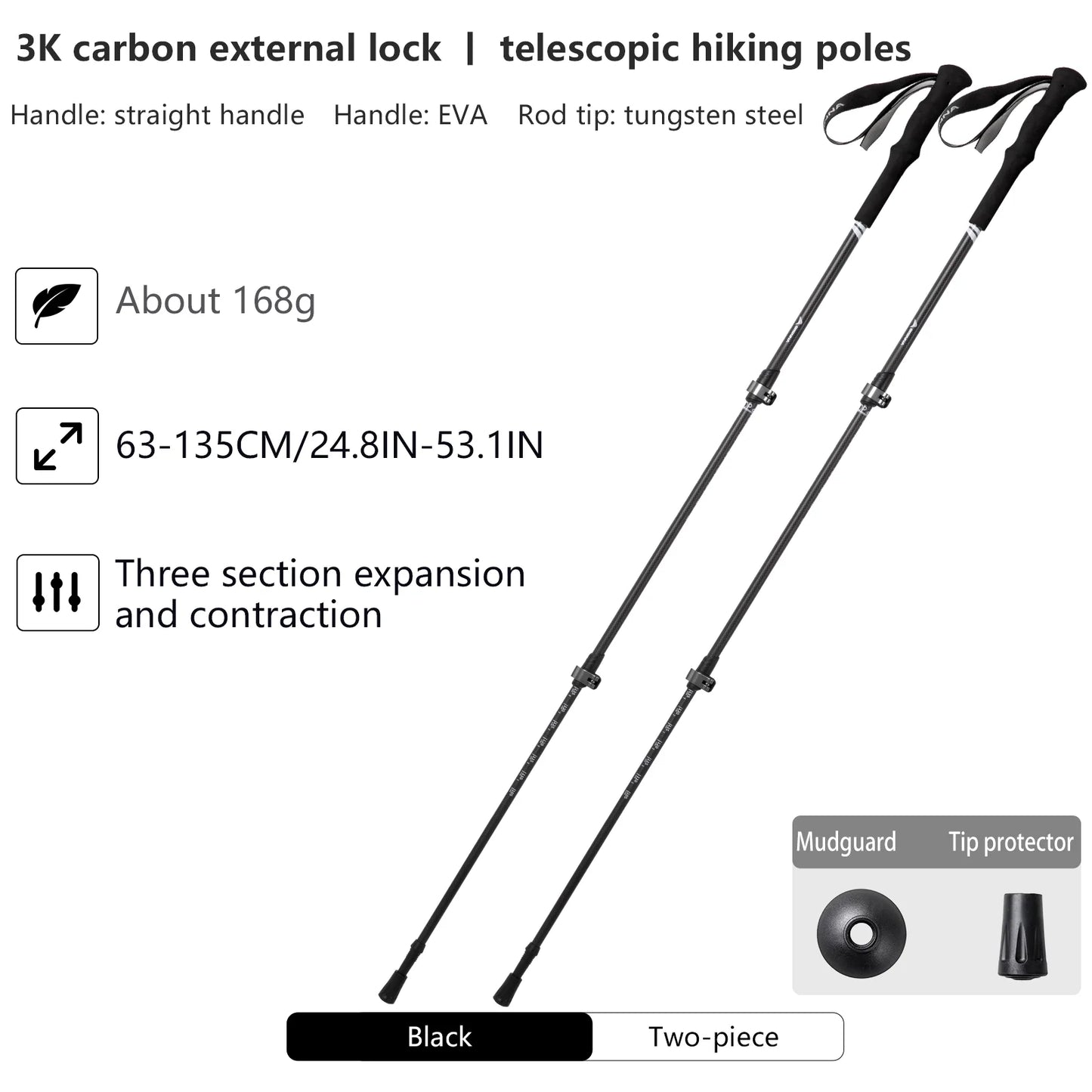 BISINNA 2pcs Trekking Poles Carbon Fiber Walking Sticks Ultra-light Telescopic Outdoor Hiking Climbing Cane