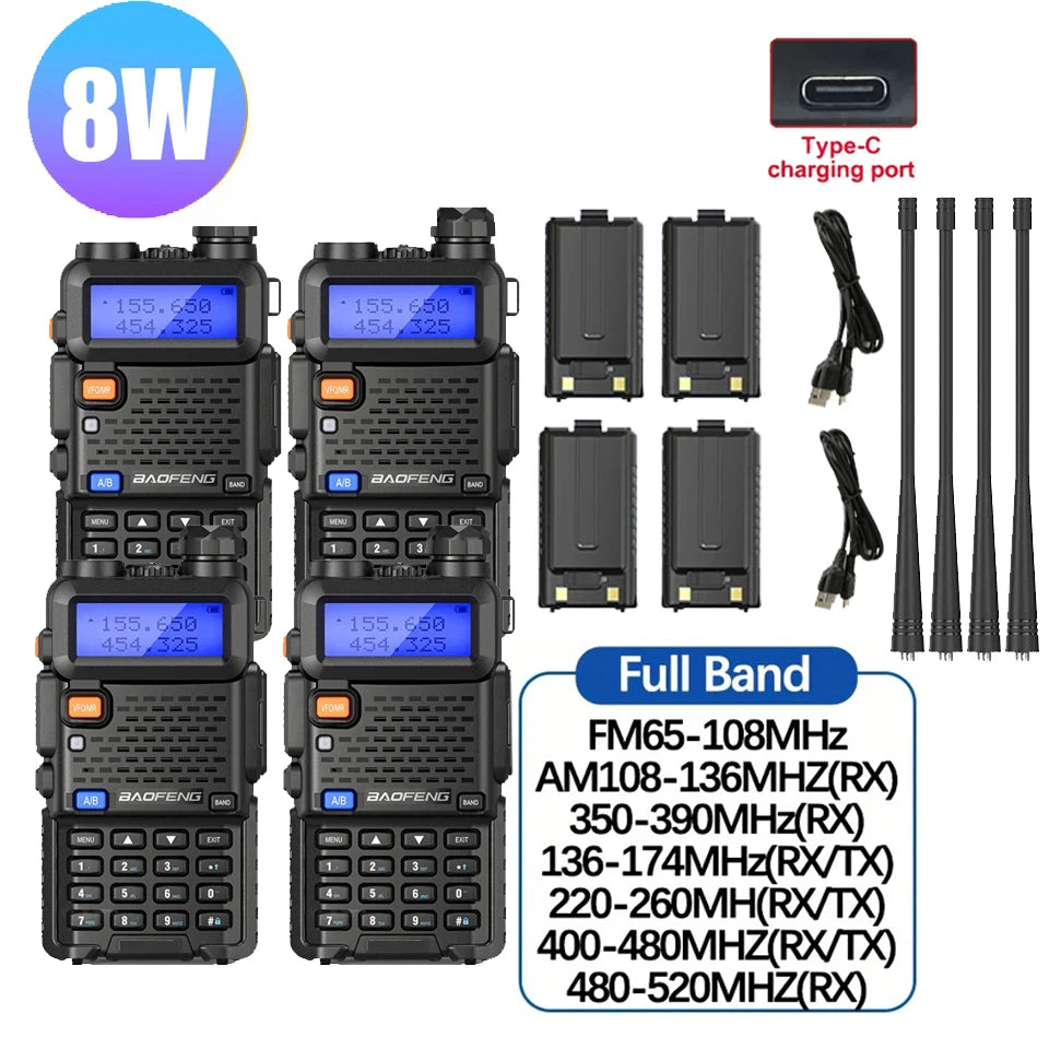 4Pcs Baofeng UV-5R 8W/5W Tri-Power Walkie Talkie High Power Dual Band Long Range Portable Handheld UV 5R Radio