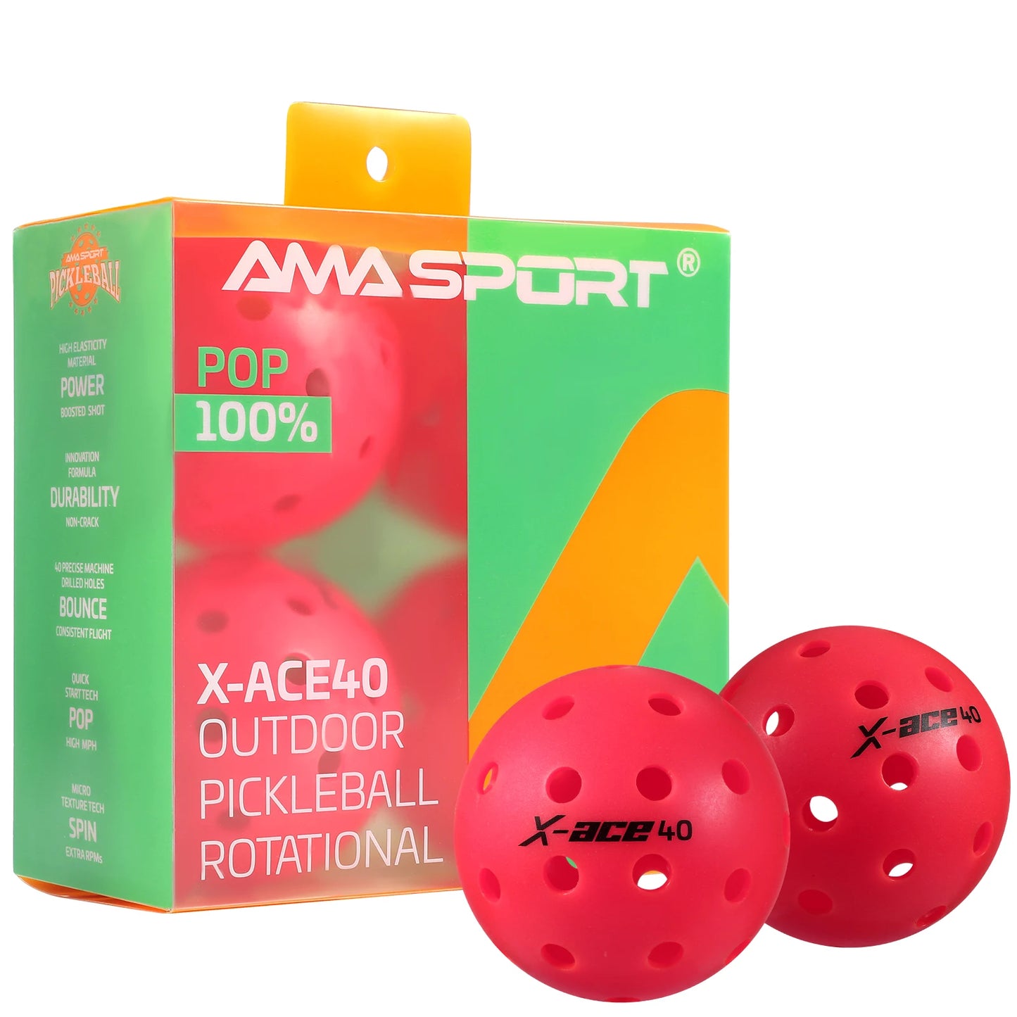 AMA Sport X-ACE Pickleballs 40 Hole Outdoor Pickleball Balls Crack Resistant ONE Piece Balls 100% POP-Optic Yellow