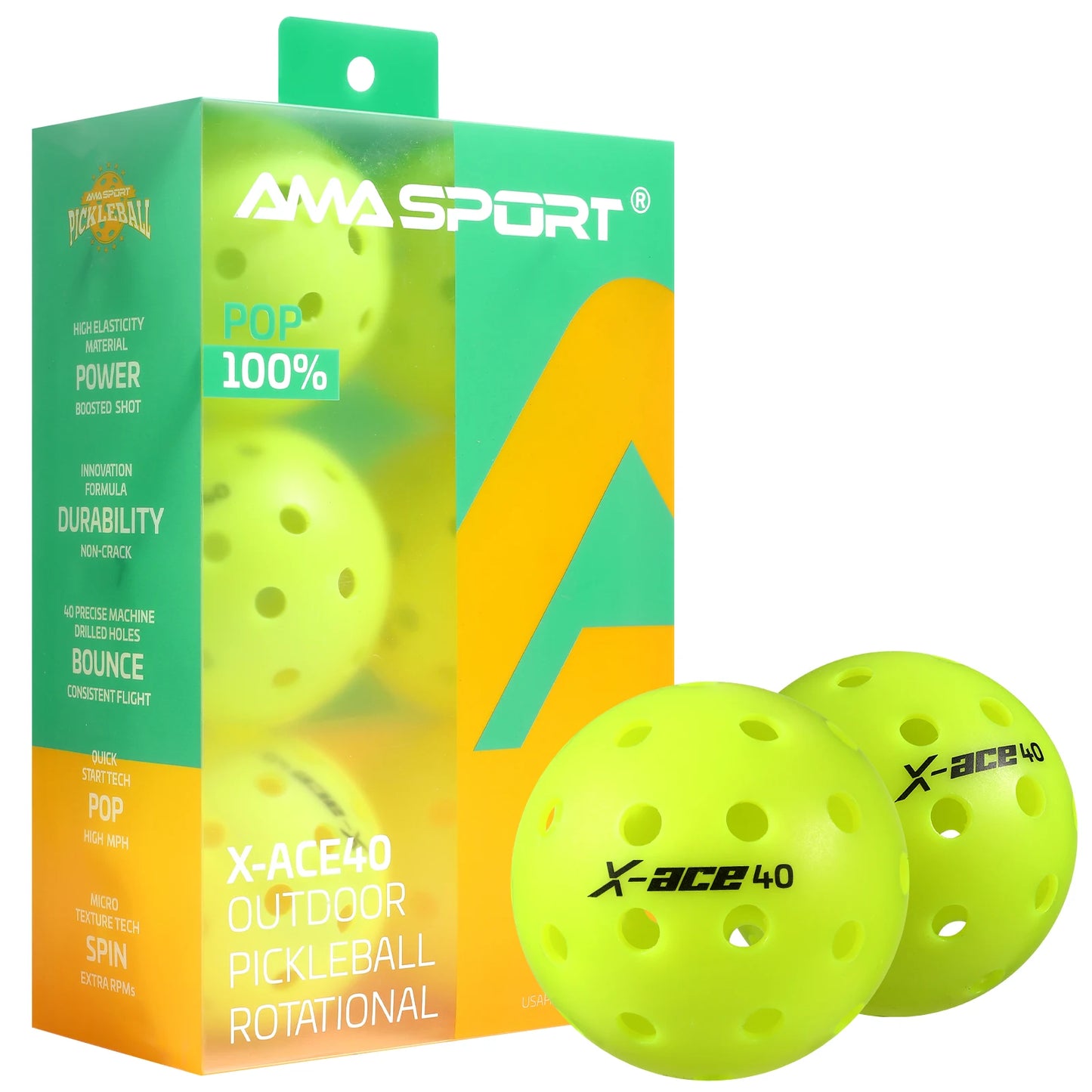 AMA Sport X-ACE Pickleballs 40 Hole Outdoor Pickleball Balls Crack Resistant ONE Piece Balls 100% POP-Optic Yellow