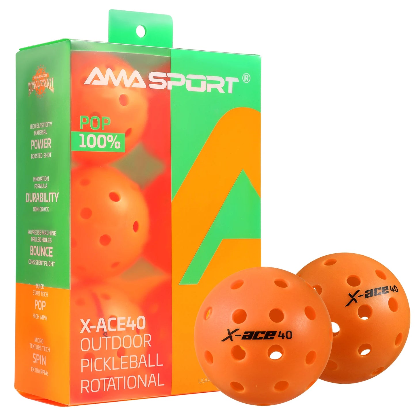 AMA Sport X-ACE Pickleballs 40 Hole Outdoor Pickleball Balls Crack Resistant ONE Piece Balls 100% POP-Optic Yellow