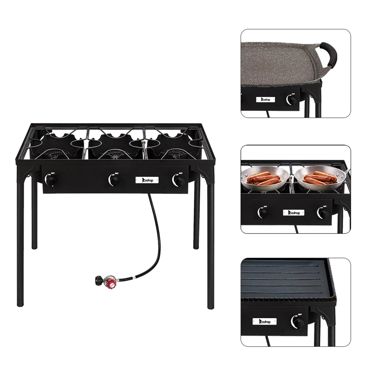 Outdoor Camp Stove High Pressure Propane Gas Cooker Portable Cast Iron Patio Burner Three Burner 225000 BTU Black